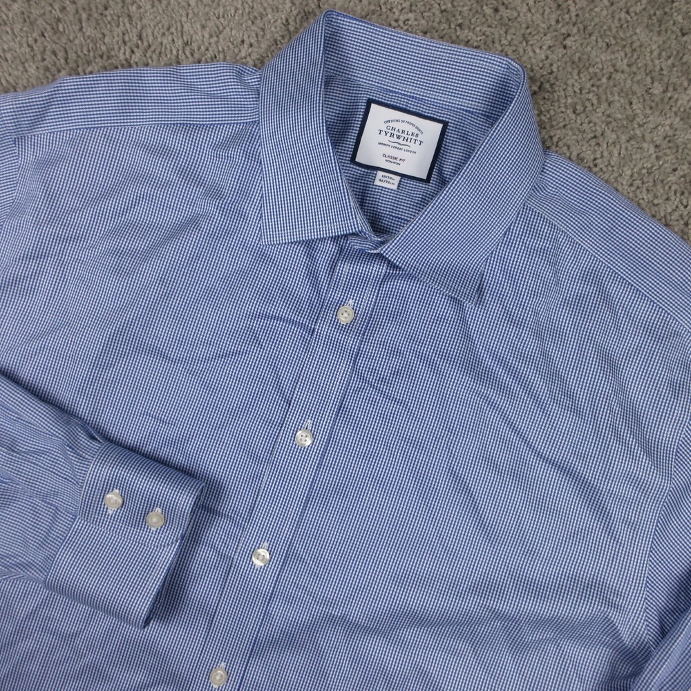 Charles Tyrwhitt Shirt Mens 2XL 18 38 Blue Houndstooth Classic Dress Button Up